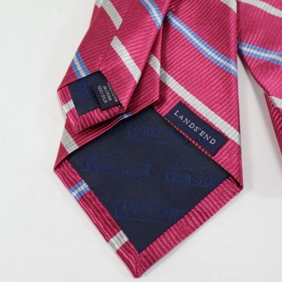 Lands End Mens Necktie Silk Stripes Repp Pink Blue Grey Classic Handsewn - Picture 4 of 6
